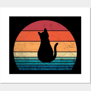 Black Cat Sitting Retro 80s Style Sunset Cute Kitten Vintage Funny Cat Posters and Art